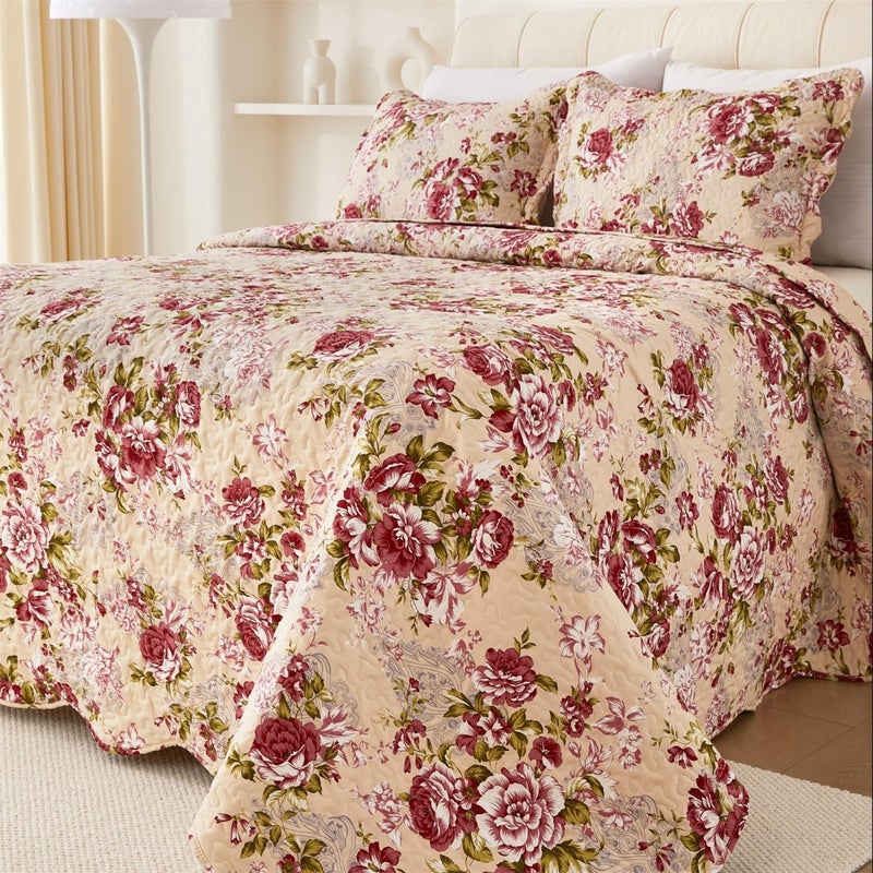 Cmfshape Summer Floral King Quilted Bedspread Romantic Red Quilt Set Reversible Stitched Bedding Cover All Season Soft Lightweight Coverlet with Pillow Cases (Red Rose  King(102""x90"")) - Image 3